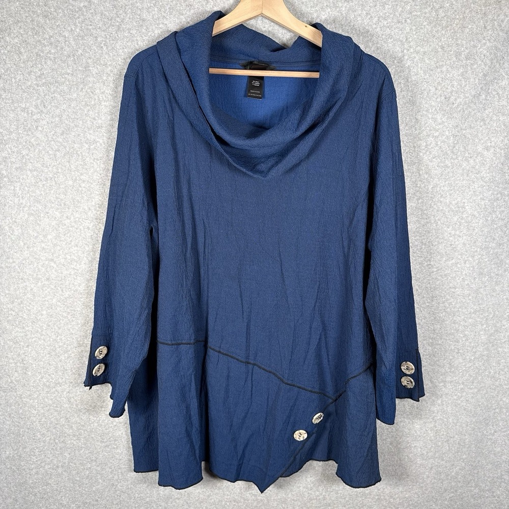 Ali Miles Tunic Womes 2X Blue Lagenlook Cowl Neck Stretch Shirt